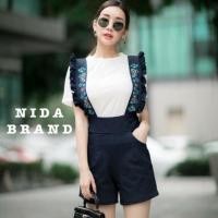 ราคา จั้มสูทขาสั้น เอี่ยมยีนส์ฟอกสีเข้มงานปัก ป้ายNida Size L (938617279)