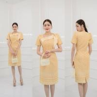 ราคา เดรสผ้าทออัดกาวสีเหลือง เดรสผ้าไทยสีเหลือง S-2XL (11172708573)