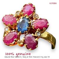 ราคา KJ1084 แหวนไพลินเจียรไนล้อมด้วยทับทิมเจียรไนและเพชรซีกแท้ทรงวินเทจ ขนาดแหวน 54 (29328064737)