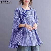 ราคา Zanzea เสื้อเบลาส์ คอกลม แขนสั้น พิมพ์ลายสก๊อต สไตล์วินเทจ ทรงหลวม สําหรับผู้หญิง (16151879990)