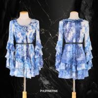 ราคา มินิเดรสหรือเสื้อตัวยาว ผ้าชีฟองลายมัดย้อม สีคราม คอรูดเชือกเข้าออกได้ Made in Paris ฝรั่งเศส [ถ่ายจากสินค้าจริง] (42410908142)