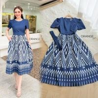 ราคา เดรสผ้าไทย,ชุดไปวัด!!! S-5XL Dress เดรสสาวอวบ,เดรสสีกรมลายไทยแขนสั้น+เข็มขัด งานป้าย Orange Juice (28535909575)