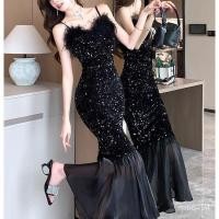 ราคา BPS4 ชุดเดรสสายสปาเก็ตตี้ ผ้ากำมะหยี่ฝรั่งเศสระดับสูง ชุดเดรสยาวสีดำหรูหราแบบนางเงือก ชุดราตรีเซ็กซี่ประดับเลื่อม (42904042567)