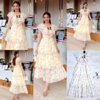 ราคา พร้อมส่ง S-4XLป้าย Si amเดรสยาว แขนระบาย ลายดอกกุหลาบ สีชมพู หวานละมุน (28352064363)