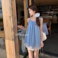 ราคา เสื้อกล้ามคล้องคอสีฟ้าผู้หญิง เซ็ทพร้อมกางเกงขาสั้นลูกไม้สีขาว 24เอฟบีสตูดิโอ ชุด54 (26401543743)