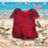 ราคา เสื้อชีฟองลายดอก สีแดง แขนระบายแต่งเพชร มือสอง (28322511340)