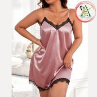 ราคา เดรสนอนสาวอวบ ชุดนอนสาวอวบ สายเดี่ยว ตัดขอบลูกไม้ ผ้าซาติน 1XL-5XL (23666456174)