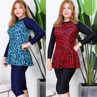 ราคา ชุดว่ายน้ำคนอ้วน ไซส์ใหญ่ เสื้อแขนยาว ลายอักษร กางเกงขา 3 ส่วน มีระบายสะโพก(สีดำลายแดง,สีน้ำเงินลายเขียว) (2254541018)