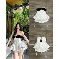 ราคา (พร้อมส่ง) Nalinn44 SET 2 ชิ้น เสื้อ+กระโปรง เสื้อสายเดี่ยวสีขาวลายจุด ทรงบอลลูน อกเสริมฟองน้ำ ซิบหลัง+กางเกงเอวสูง Np. (41158949843)