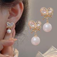 ราคา French Rhinestone Heart Bow พู่มุกประณีตหวาน Niche ต่างหู (27404518916)