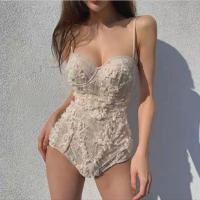 ราคา One piece ชุดว่ายน้ำวันพีช สายเดี่ยว ลายลูกไม้ แขนต่อ สีขาว น่ารักSexy (19732056859)