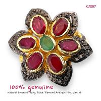 ราคา KJ267 แหวนทับทิม มรกต ล้อมเพชรดำโบราณ Natural Ruby, Emerald and Black Diamond เรือนทองปาหะ ชนาดแหวน 55 (24631105924)