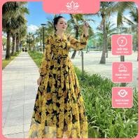 ราคา แม็กซี่เดรสแขนยาวสวยมากดอกไม้สีเหลืองและขาบานจับจีบสําหรับงานปาร์ตี้หรือเที่ยวทะเล (41558836566)