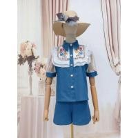 ราคา ป้าย ANANYA เซ็ท2ชิ้นยีนส์ สไตล์วินเทจ เสื้อคอปกแต่งลายดอกแต่งระบายอัดพลีท2ชั้น แขนลูกไม้ซีทรู มาคู่กางเกงขาสั้น น่ารัก (20382445146)