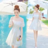 ราคา S-XL ชุดเดรสออกงานปักเลื่อม สีขาว ระบายรอบอกคลุมไหล่ ใส่ไปงานแต่งงานบวช,ปาร์ตี้ (26680241916)