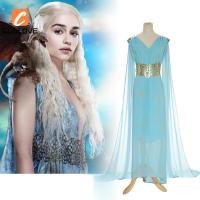 ราคา Game of Thrones Daenerys Targaryen คอสเพลย์เสื้อผ้าสีฟ้าชุดเครื่องแต่งกายแขนยาวกระโปรงคอสเพลย์ Perfect Restoration (28616216979)