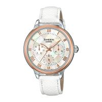 ราคา Casio Sheen นาฬิกาข้อมือผู้หญิง สายหนังแท้ รุ่น SHE-3057PGL-7A - สีขาว (2017603768)
