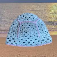 ราคา หมวกไหมพรมถักทรง bucket, Crochet granny square hat สีฟ้าสดใส (25141976423)