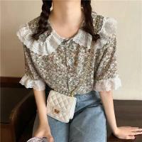 ราคา FKพร้อมส่งเสื้อคอบัว แขนสั้น ผ้าชีฟองลายดอก แต่งลูกไม้รอบแขนและคอ สไตล์เกาหลี (2935861654)