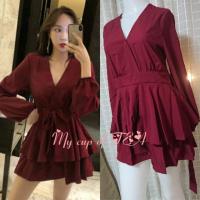 ราคา พร้อมส่ง ส่งฟรี สีไวน์แดง M ชุดเข้าเซ็ต ด้านในเป็นกางเกง มีซิปด้านหลัง (1437426408)