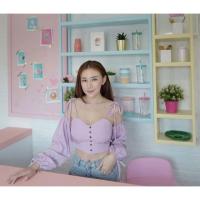 ราคา เสื้อปาดไหล่ ต่อแขน แต่งกระดุมด้านหน้า หลังสม็อค ผูกโบว์ที่ไหล่ สีม่วง (3641547259)