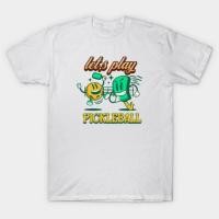 ราคา เสื้อยืด Vintage Let's Play Pickleball Funny Cartoon T-Shirt แท้ Cotton 100% ไม่ย้วย แขนสั้น (40164997225)