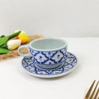 ราคา ชุดแก้วกาแฟ 240 ml. 1 ชุด 2ชิ้น แก้วกาแฟ + จานรอง เซรามิก ลายไทย ลายคราม ลายไทย ครบชุด คุณภาพดี (29415995339)