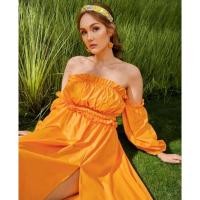 ราคา เดรสเกาะอก แขนพอง สีเหลืองส้ม (25012594772)