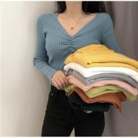ราคา ส่งฟรีไม่ใช้โค้ดเสื้อแขนยาว ไหมพรมมคอวี กระตุกอก สวย แซบ (5969104507)