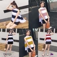 ราคา GN1133 **รบกวนสอบถามก่อนสั่งซื้อจ้า** Set 2ชิ้น เสื้อแขนกุดลายทาง หน้าสั้น-หลังยาว หางปลา +กางเกงขาสั้น (3125631772)