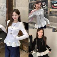 ราคา เสื้อยืดแขนยาว ชายเสื้อแต่งระบายลูกไม้ (28680699565)