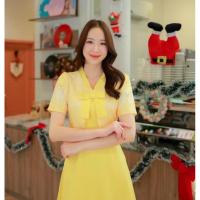 ราคา ชุดเดรสผ้าไทยคอวีสีเหลือง (28832090399)
