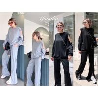 ราคา Renita ชุดเซ็ต 2 ชิ้น สาวมินิ สาวอวบ เสื้อแขนยาวซกชาย อก46 เว้าไหล่ Korea Style Set Bigsize กางเกงขายาวผ่าหน้า เอว 24-42 (16389144751)