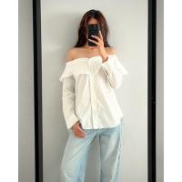 ราคา เสื้อปาดไหล่แขนยาวสีขาว มีระบาย สไตล์เกาหลี (26565412196)