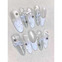 ราคา M314 Blue Cream Semi-Handmade Whitening Fresh 2025 Blue Bow Wear Nails French Premium Cat Eye Nails (42120165761)