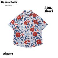 ราคา เสื้อเชิ้ตแขนสั้นลายดอกแดงน้ำเงิน (23334249486)