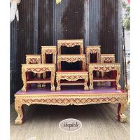 ราคา โต๊ะหมู่บูชางานหมู่9หน้า8 ร่องสีแกะสลักปิดทองลายพิกุล ลายดอกโต๊ะหมู่บูชาไม้สน (25784814851)