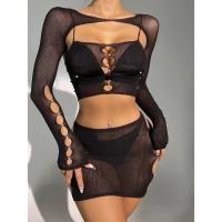 ราคา [LIN161] <LINGERIE> 3-PIECE BLACK Mesh COVER LINGERIE SET พร้อมเสื้อครอปแขนยาว CUTOUT BUTTON SKIRT (BIKINI NOT INCLUDED) (41663500802)
