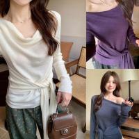 ราคา Dahong เสื้อปาดไหล่ข้างเดียวสาวอวบ เสื้อเปิดไหล่แขนยาวไหมพรม ดีเทลเอวผูกเรียบๆสีพื้น N087 (27722766900)