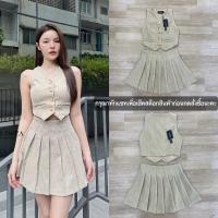 ราคา งานป้าย Stylista เซต2ชิ้น เสื้อคอวีแขนกุดกระดุมหน้าผ้าลูกฟูก กระโปรงเอวสูงจับจีบรอบตัวทรงสวย (25679899571)