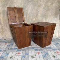ราคา [งานไม้สักเก่า] ถังขยะไม้สัก ถังขยะ ถังไม้มีฝาปิด (12721814977)