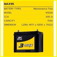 ราคา แบตเตอรี่รถยนต์ 3K รุ่น MAX95 L / R ,MF 75Ah. /พร้อมใช้ ไม่ต้องเติมน้ำ /สำหรับรถเก๋ง ปิคอัพ SUV <2500cc. (9128394061)