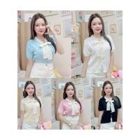 ราคา MM226เสื้อไหมพรมแต่งขอบคอฉลุโคเชเส้นใหญ่ผูกโบว์แขนสั้นสไตล์โคเรีย (44255592684)