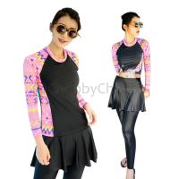 ราคา 11511-ชุดว่ายน้ำแขนยาว กางเกงกระโปรงขาห้าส่วน สีดำแขนชมพู (7844706424)
