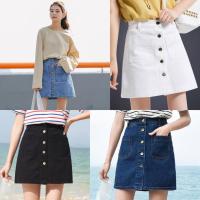 ราคา กระโปรงยีนส์ขาสั้น เอวสูงแต่งกระดุมเลื่อมสีทอง ตรงกลาง เก๋ๆ น่ารักๆ (22676493047)