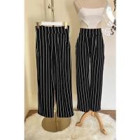 ราคา กางเกงลายริ้วทรงกระบอกลายริ้วดำ ผ้าวูลเวฟ (มีกระเป๋าสองข้าง)woowaveริ้ว (12891216709)