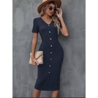 ราคา เดรสยาวผ้าร่องหนากระดุมหน้า#งานป้ายkoya สีกรมเข้ม #มือสองใหม่ (20563407960)