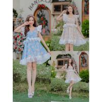 ราคา เดรสลายดอก แต่งระบายแขนผ้าแก้ว ทรงสวย มีซับด้านใน (28263932277)