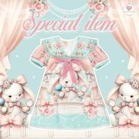 ราคา (Special มี 2XL) Bunny Makeup Dress เดรสผ้าไหมเกาหลีทรงปล่อยสีเขียวมิ้นท์พิมพ์ลาย แขนสั้นตุ๊กตา โบว์ชมพูกำมะหยี่ ซิปหลัง (24136125049)