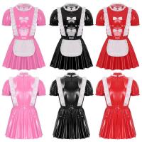 ราคา Sinleey Mens Sissy แม่บ้านชุด Ruffles Trims Bow ผ้ากันเปื้อนพัฟแขน A-Line ชุด Naughty ชุดแม่บ้าน Glossy หนังสิทธิบัตร Clubwear (43067659385)